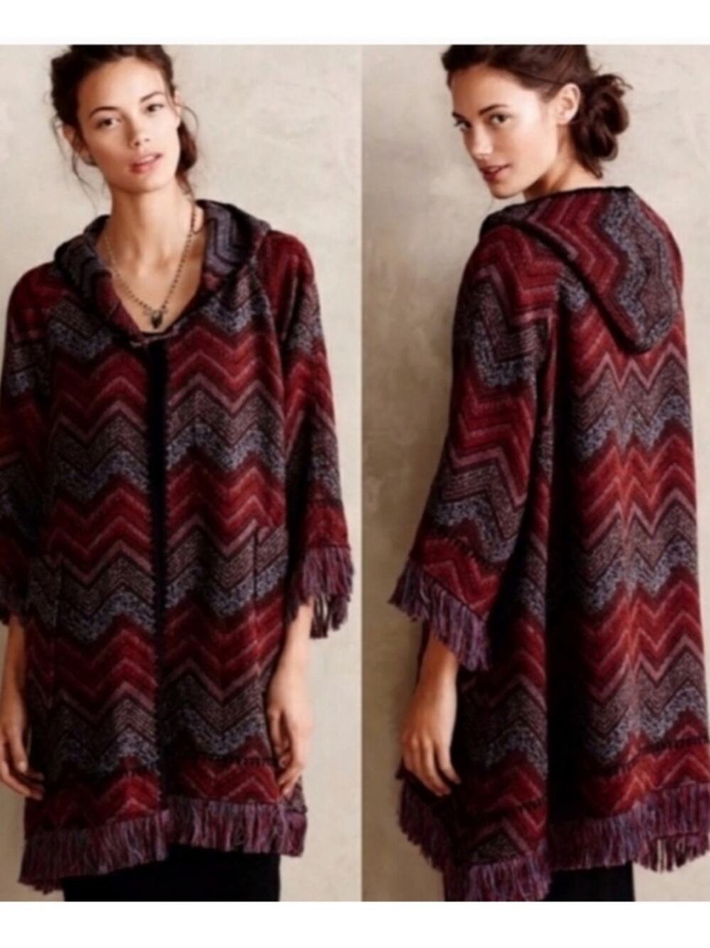 Anthropologie Hei Hei Womens XS/S Mesilla Jacquard Hooded Fringe Sweater Coat